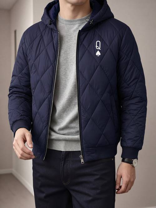 Trendy Individual Print Hooded Jacket, Men S Loose Diamond Quilted Outerwear, Fall Winter Lightweight Casual Warm Coat