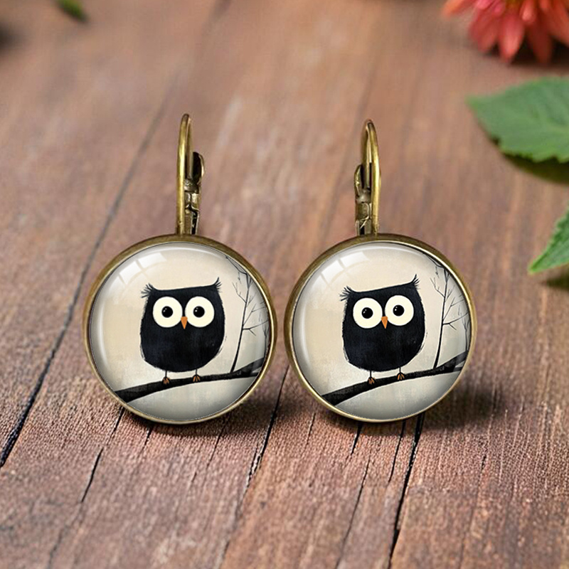 TEMU Boucles d'oreilles rondes en verre illustrées de style , motif petit oiseau et ridicule, bijou de mode, cadeau, pile