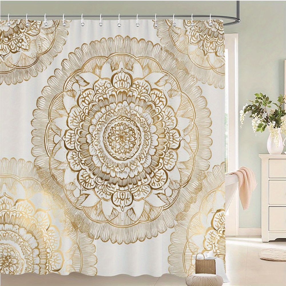 TEMU 1pc Elegant Golden Mandala Shower Curtain With Floral & Geometric Middle Eastern/indian Bath Curtain - Beige Luxury Bath Decor Suitable For