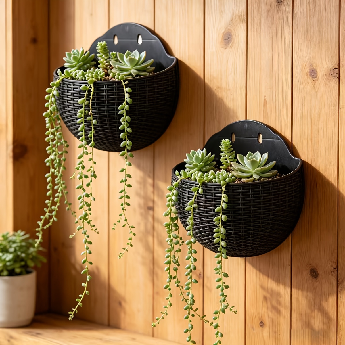 TEMU 2pcs Bohemian Rattan-style Semi-circular Wall-mounted Flower Pots Suitable For , Windowsills, Thickened Plastic Hanging With, Lightweight