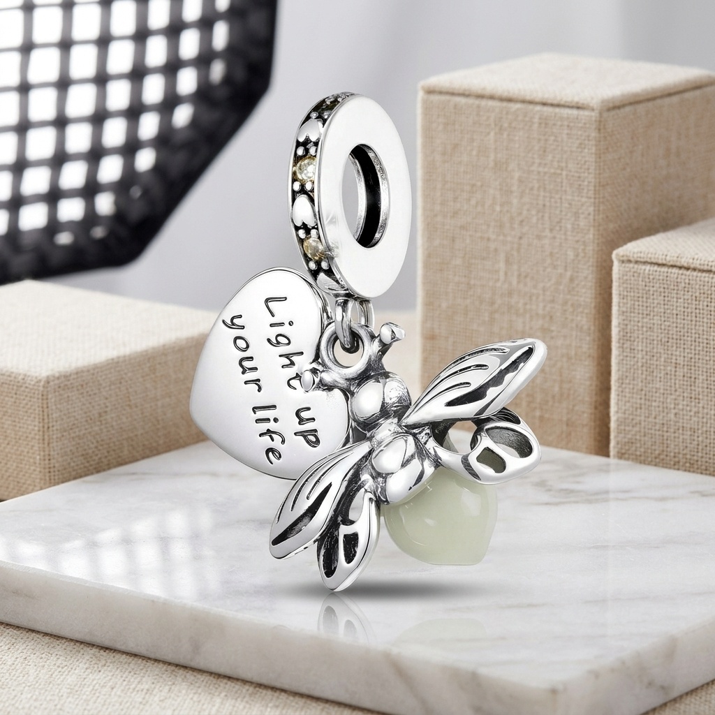 TEMU Luminous Firefly Heart Pendant Beads, Literary Style Engraved -dark Drop, Silver Plated With Sparkly Stones And Edge-wrapped Beads For Firefly