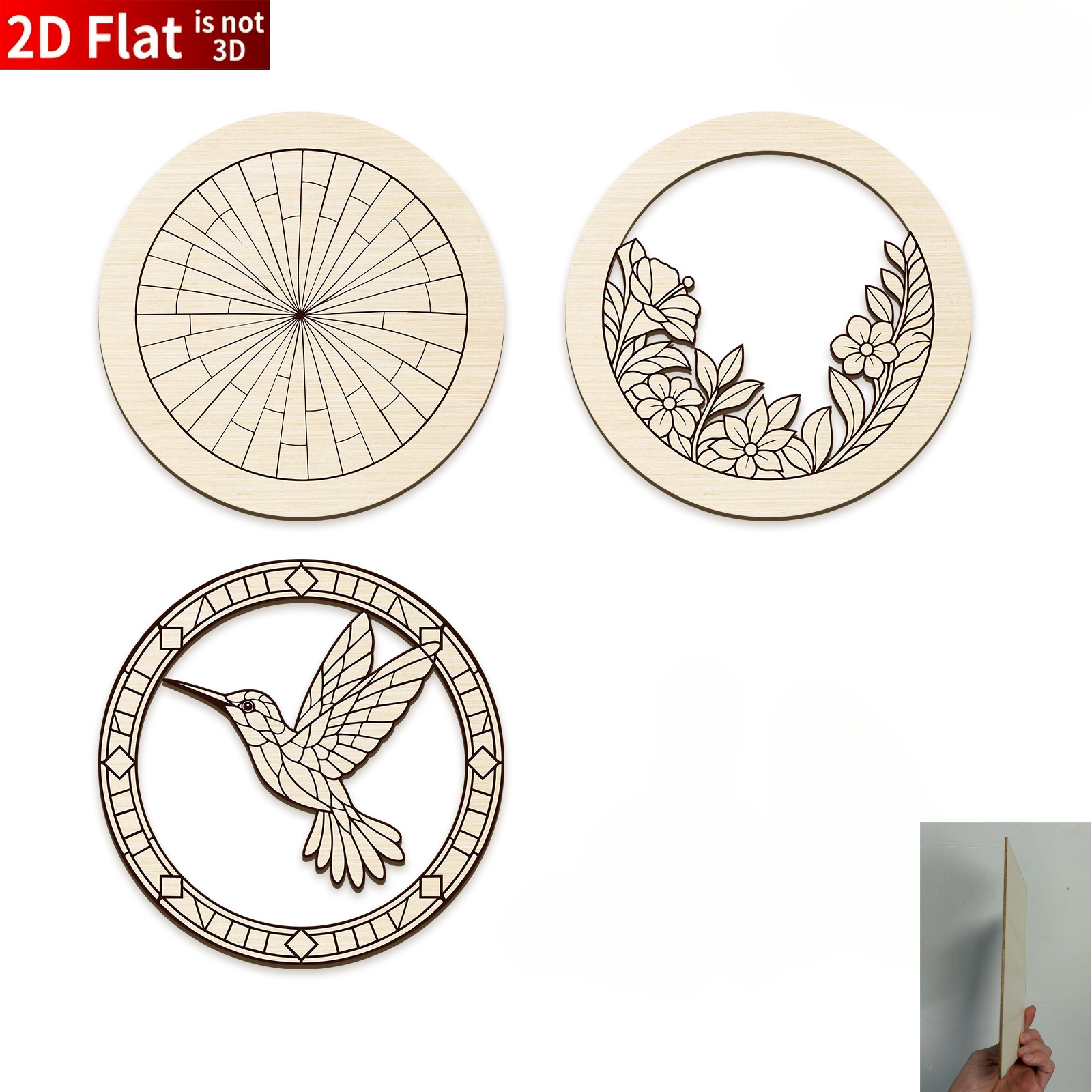 TEMU 2d Flat, A Set Of Wooden Art, 3-layer 2d Flat Circular Wooden Decoration With Hummingbird And , Unpainted And Paintable Craft Kit For Ornaments