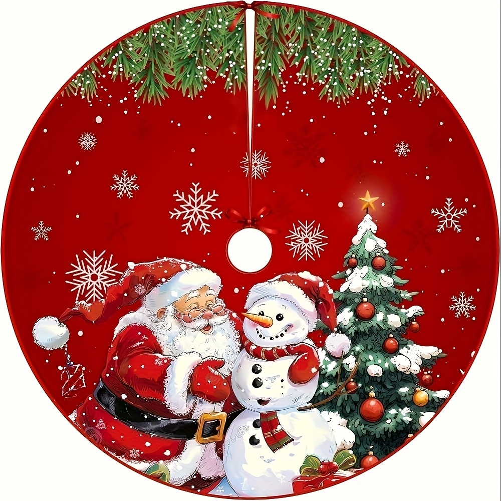 TEMU Tree Skirt With Santa Claus And Snowman Pattern - Classic Scalloped Edge, Drawstring Closure, Round Shape Suitable For Christmas Trees, Winter