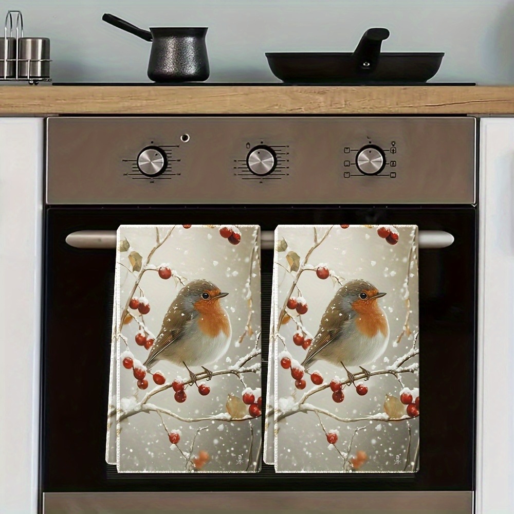 TEMU Asciugamani da Cucina Vintage Robin Natalizi - Set Pezzi, 40x60 cm, Poliestere, Lavabili in Lavatrice, Design Rami Innevati e , Ideali per