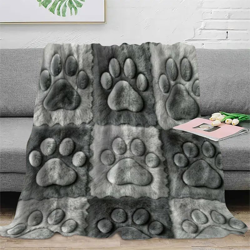 TEMU 1pc Flannel Blanket Printed With Grey Fluffy 3d Cat Paw Grid . Soft, Lightweight & Washable All Year, Suitable For Sofa, Bed, Camping, Ideal