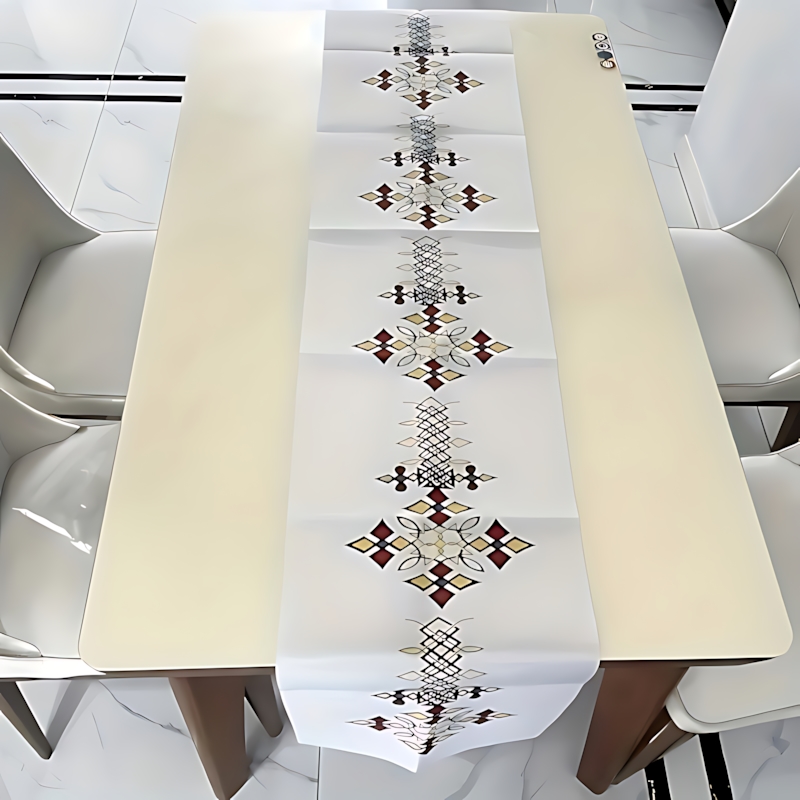 TEMU 1pc Traditional Art Table Runner - White Geometric Pattern, Vibrant Colors, Polyester Material, Indoor Outdoor Use, Kitchen, Dining Room, Coffee