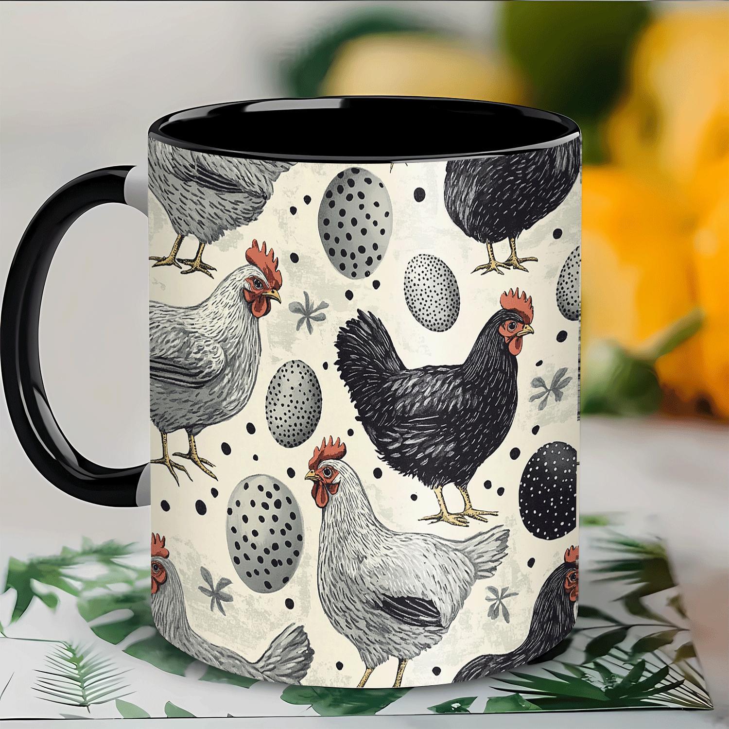 TEMU 1pc 11oz Rooster & Hen Design Porcelain Mug - Black With White Illustrations, Perfect For Coffee, Tea, Milk, Or Water | Unique Valentine's Day,