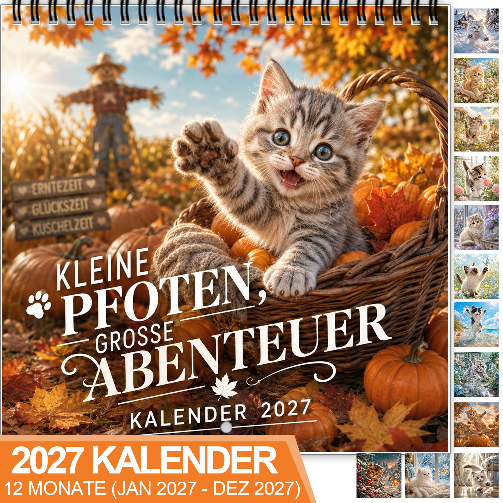 TEMU German Version 2027 Adventure Kittens Wall Calendar, Twin-wire Bound 12-month Organizer With Heavyweight Coated Paper, Illustrates In Warm,