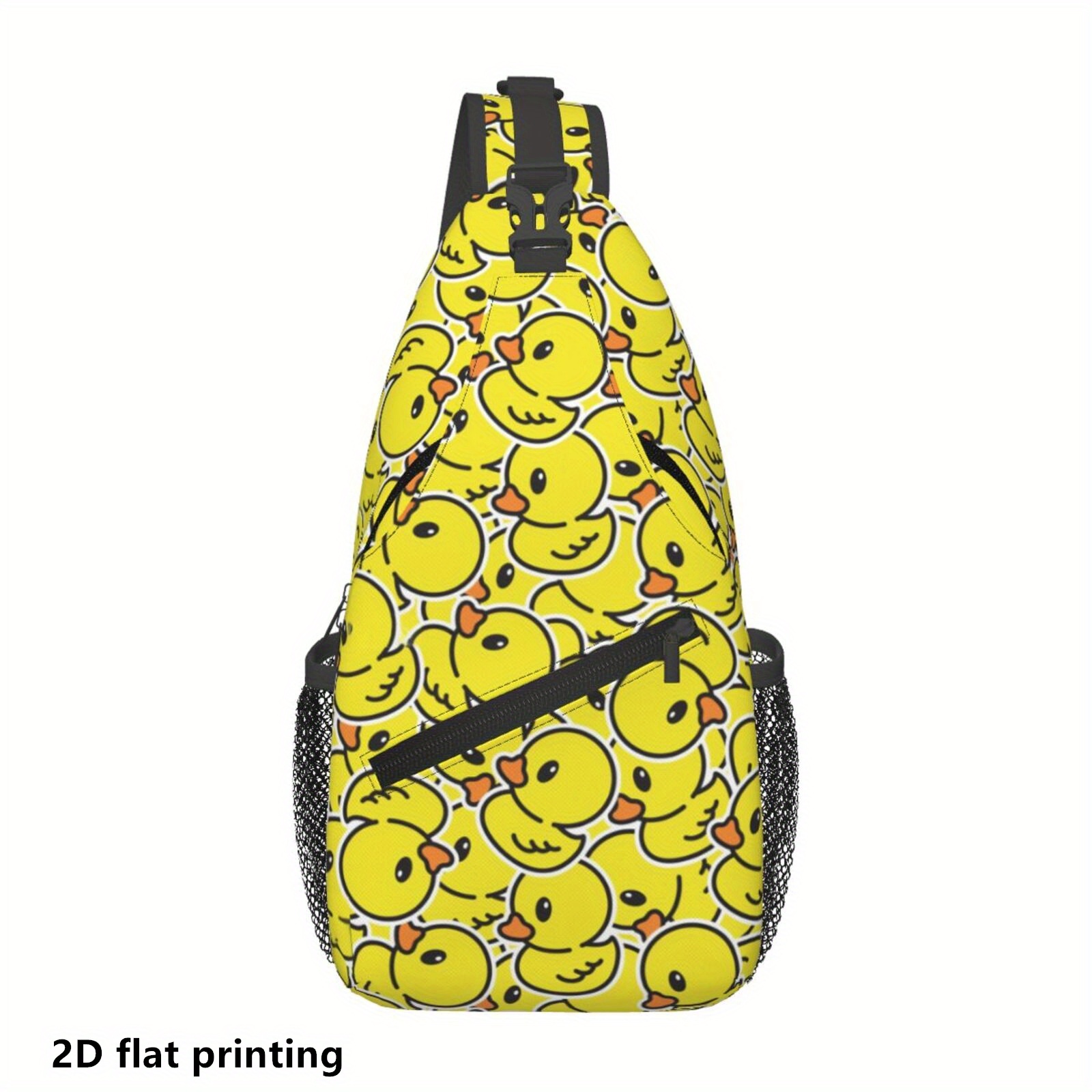 TEMU 1pc Cute Duck Print Crossbody Bag - Yellow Polyester Sling Bag With Black Strap, Adjustable Shoulder Strap For Hiking, Travel, Outdoor Sports -