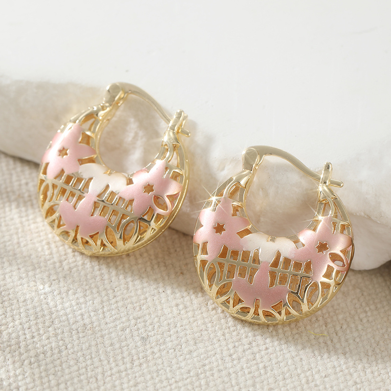 Women's Retro Three-Tone Hollow Flower Hoop Earrings