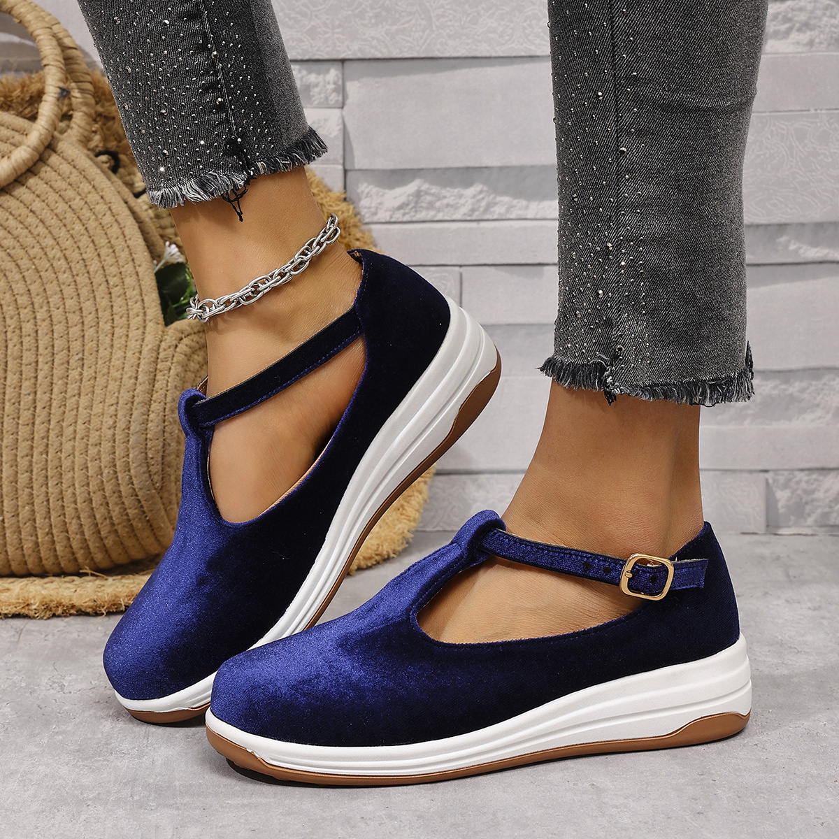 Women's Comfortable Slip-On Platform Shoes with cm Lift Navy Blue  Round-Toe Fabric Upper, Ankle Strap Block Heel for Casual Formal Wear,  Comfy