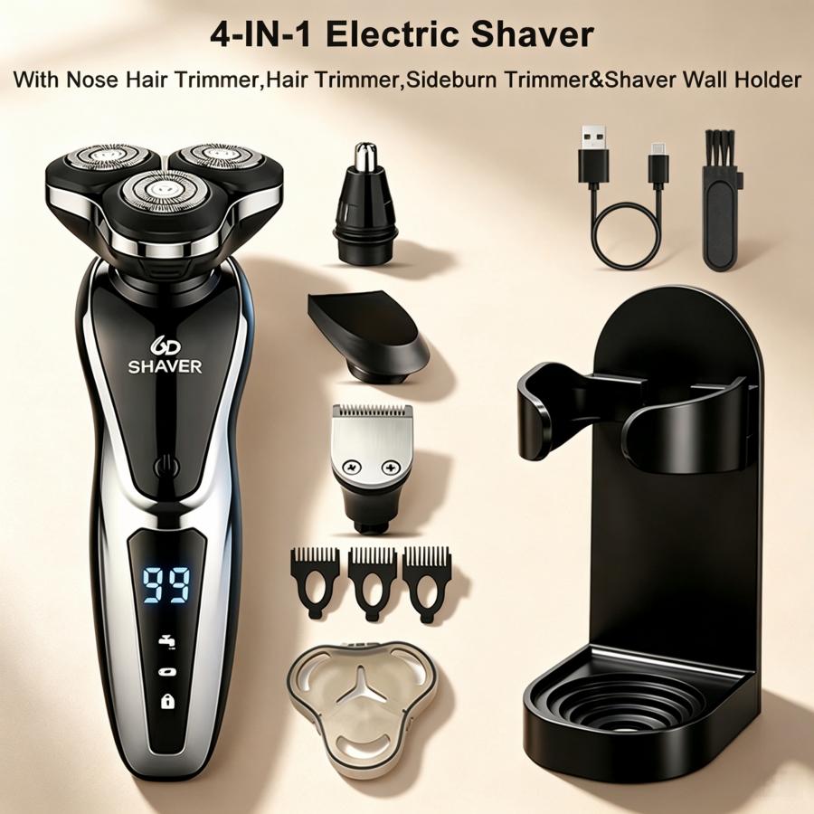 TEMU 2pcs Set, Includes 1pc 4-in-1 Electric Shaver Set And 1pc Shaver Wall Holder, Usb Rechargeable Men's Razor Set With Nose Hair Trimmer, Sideburns