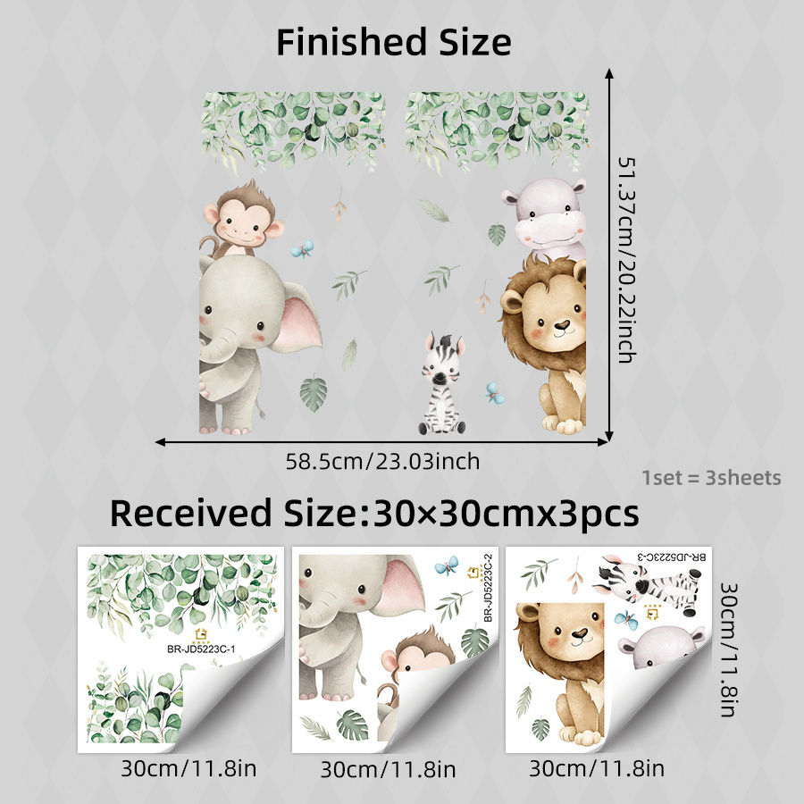 TEMU 3 láminas de adhesivos estáticos para ventana de animales adorables de , calcomanías para habitación, pegatinas de vidrio de elefante, león,