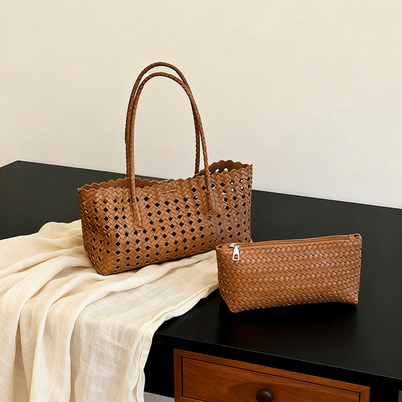 TEMU Sac à bandoulière unique pour femme, cabas tissé avec petite pochette, sac à main à carreaux ajourés, sac de shopping décontracté à bandoulière