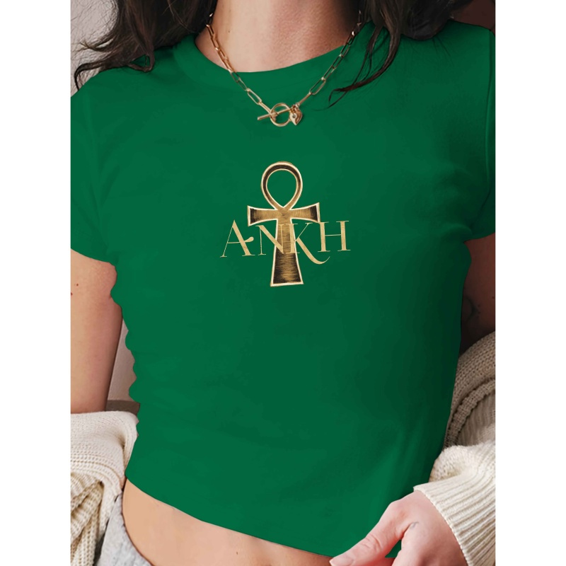 

T-Shirt Col Rond Style Y2K pour Femmes, Tissu en de Polyester, Longueur Courte, avec Motif Géométrique du Ankh, pour Toutes les , Mode |Haut à Imprimé Géométrique|Haut Lavable en Machine