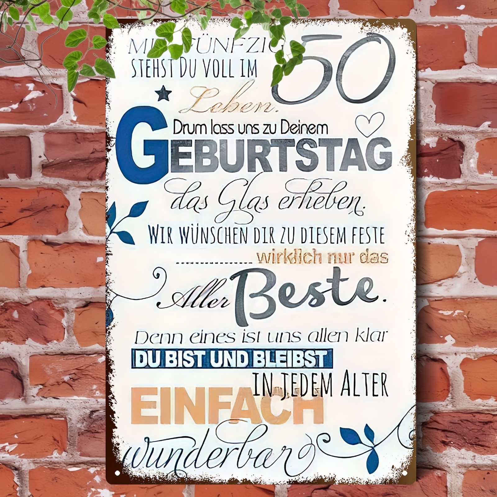 Image of 2d Flat 50th Birthday Metal Wall Sign | Vintage Floral & German Text Design, 20.32x30.48 Cm Rustic Iron Wall Art For Home, Office, Bar Decor - Unique Milestone Gift For , No Electricity Needed