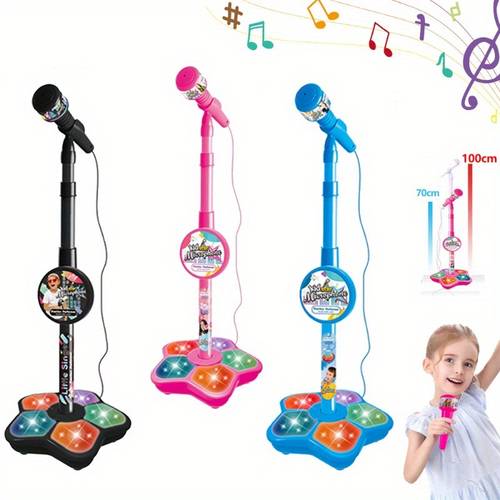 Kids Karaoke Microphone with Stand - Cordless/USB-Free Operation, Song Switching & Volume Control, Compatible with Smartphones/Tablets, Stage , (Low Voltage) - Educational Music Learning with Dance- -like Interface, Birthday Party Gift for (Pink/Blue/Black) - Options - Ideal for Singing Practice & Fun, Microphone for Singing Kids