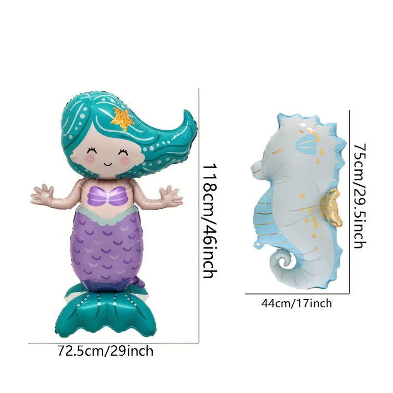 Image of 2pcs 46-inch Standing Blue-purple Mermaid + Seahorse Shaped Balloons, Birthday Party Atmosphere Decoration, Mermaid Themed Event Decor, Indoor/outdoor Room Decoration
