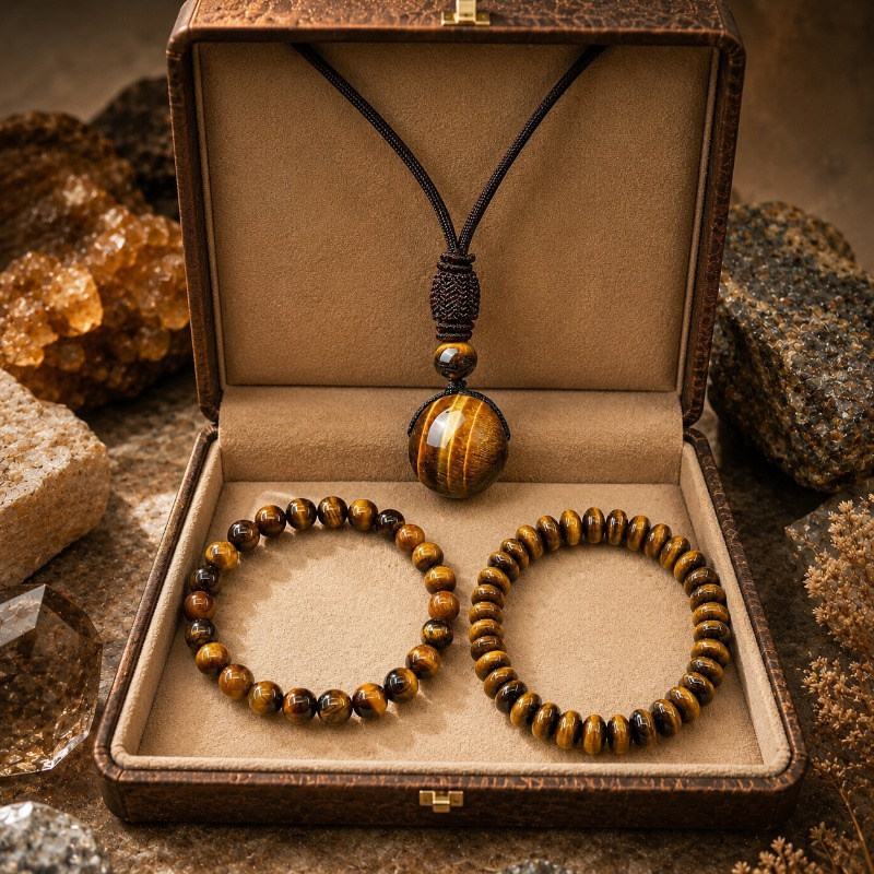 Unisex Natural Tiger Eye Stone Jewellery 3pcs Set