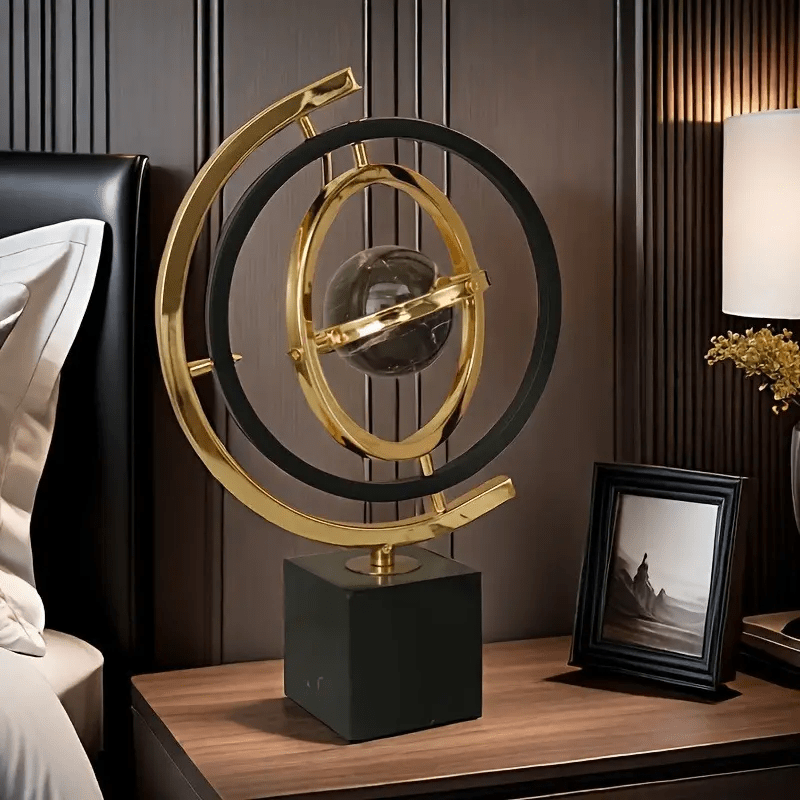 Elegant Black & Golden Metal Globe Sculpture with 360° Rotation