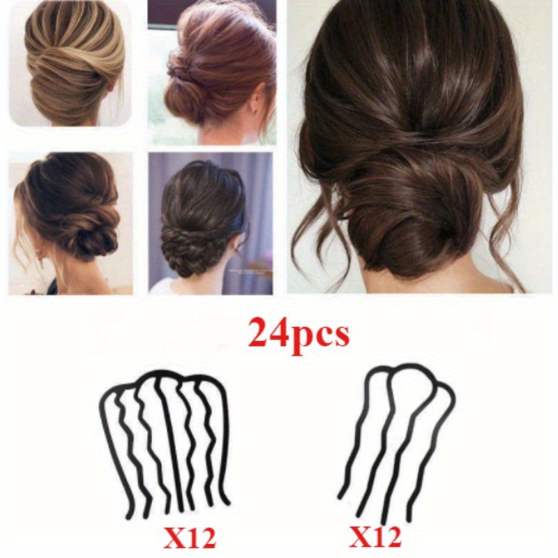 24  hair fork clip hair side combs buns pins u shape updo sticks twist hair combs decorative for women hair styling tool accessories black Product details 0