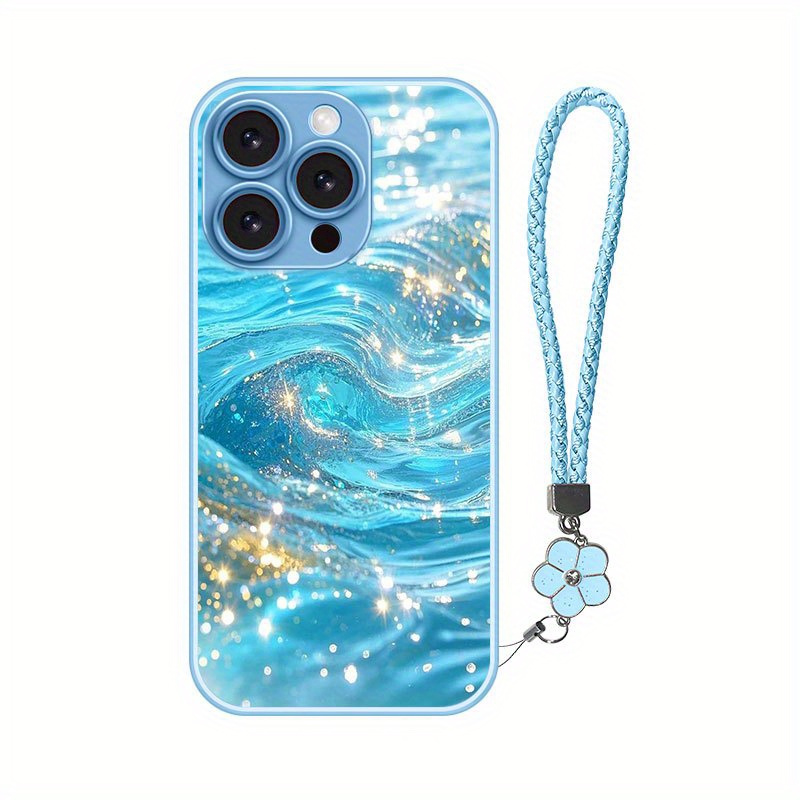 TEMU Shimmering Metal Paint Glass Phone Case With Lanyard For Iphone