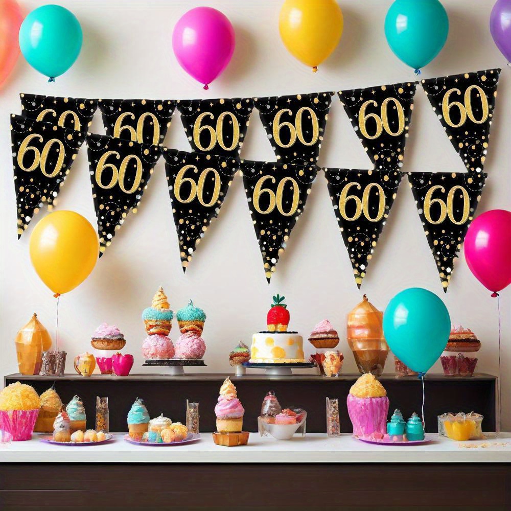 Image of 24pcs Shiny 60th Birthday Party Decorations, Black And Golden Banner Flags For Milestone Celebrations, Anniversary Parties, And Festive Events To Add Sparkle To