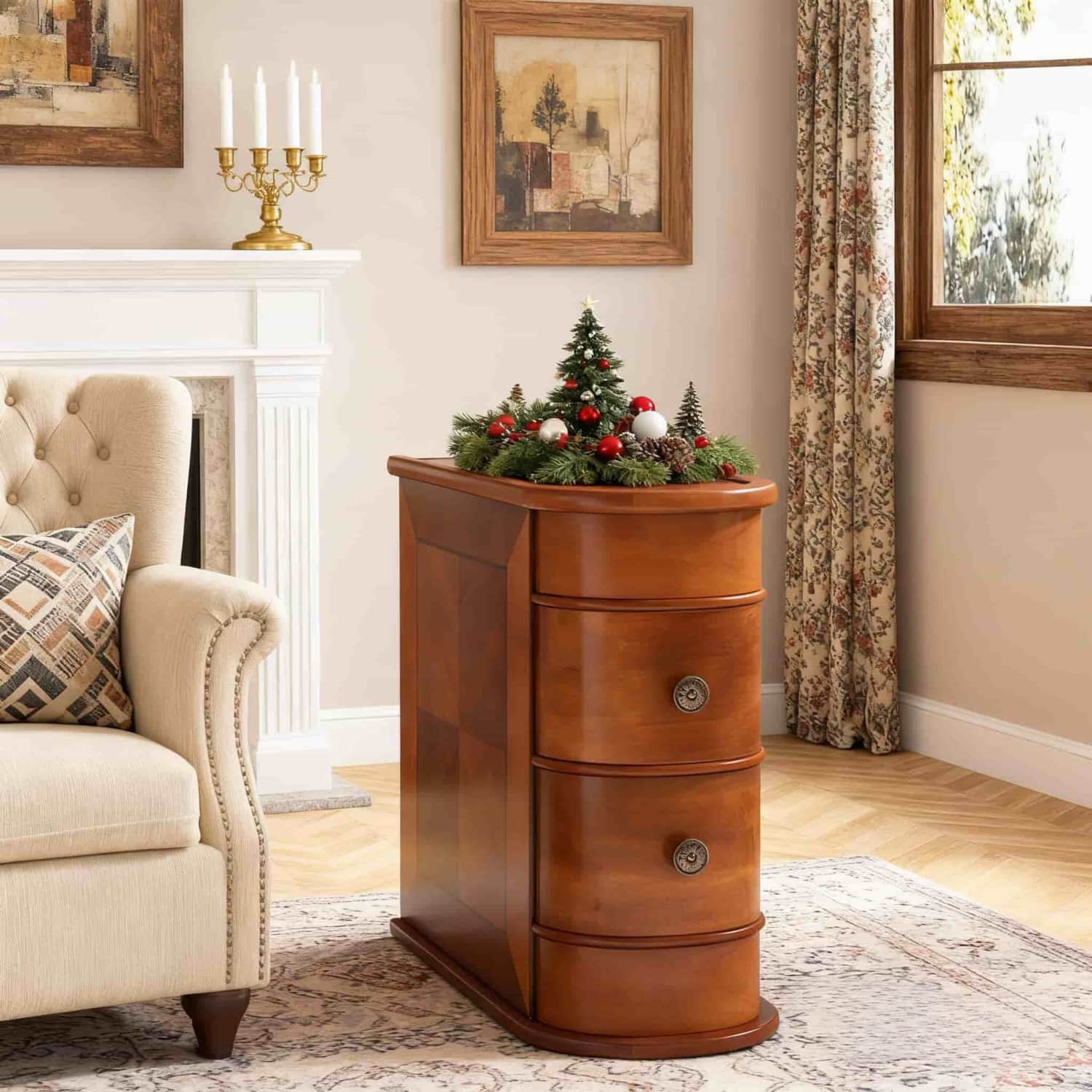 Vintage Slim End Table With 2 Drawers, Closed , No , Narrow Accent Table For Living Room, Bedroom, Sofa Side And Bedside, Brown