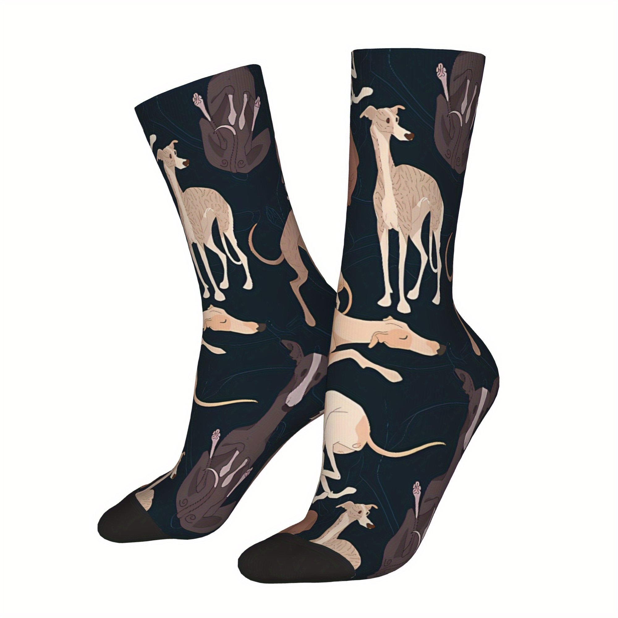 TEMU 1 Pair Dog Print Novelty Crew Socks For Men, Polyester , Knit Fabric, , Hip Hop Vintage Style, Happy Pattern, Unique Gift Idea