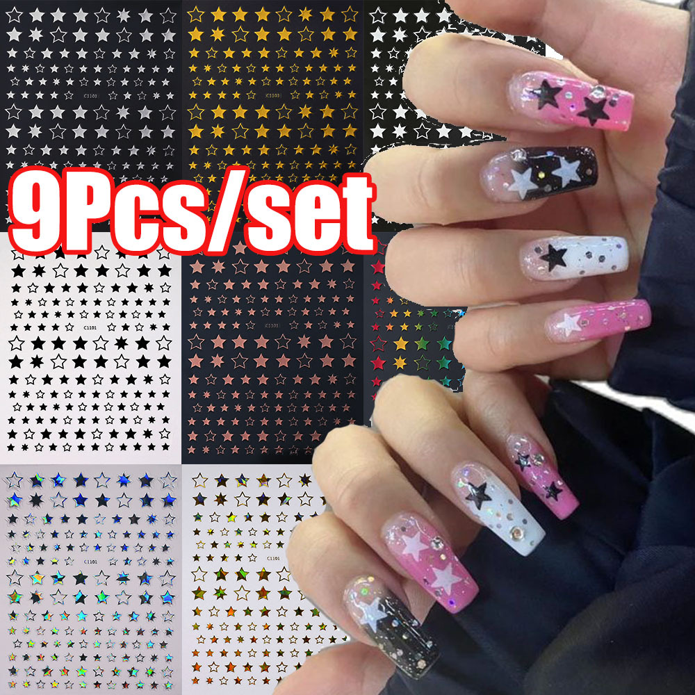 Set Of 9pcs Of 3d Five-pointed Star Nail Art Stickers In Y2k Style, In Golden, Silvery, Black, White, Red, And . Each Decal Measures 8x10cm And Is Self-adhesive For Easy Application
