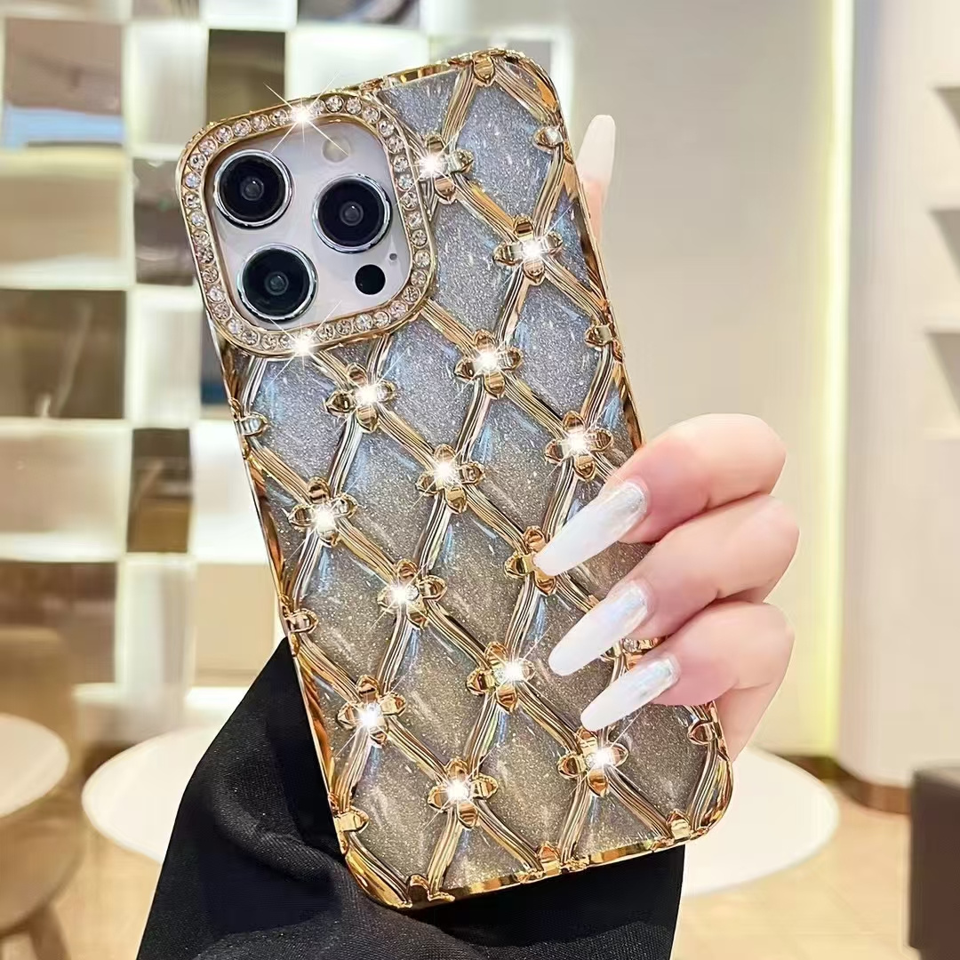 TEMU Phone Case: Fashionable And Chic, Light Luxury Rhinestone Flower Rhombus Design, Good Luck, Phone Case, Ideal For Christmas Gifts, New Year