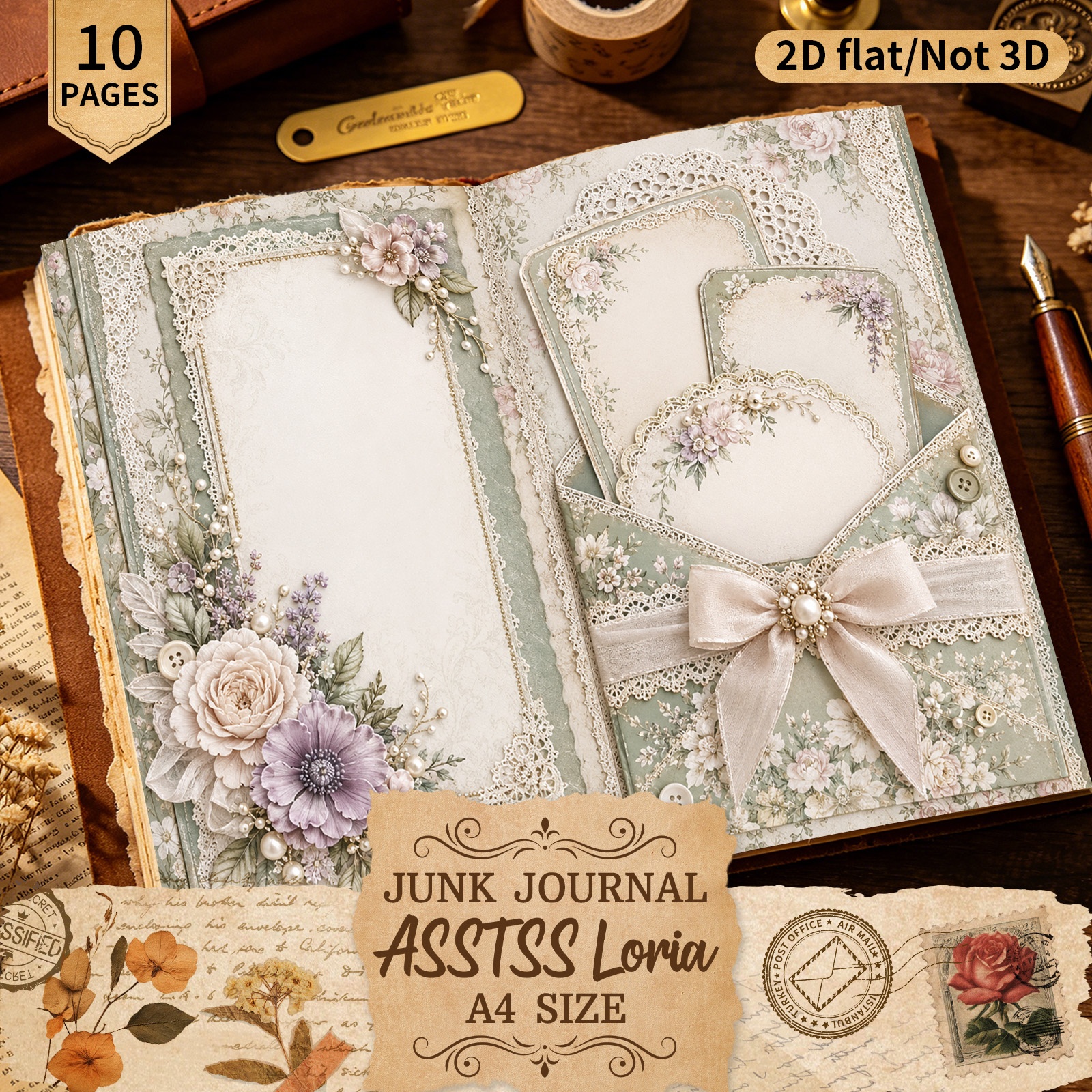 TEMU ASSTSSLORIA 10 feuilles A4 2D Papier à coller plat floral en dentelle verte, ensemble de papier de scrapbooking, journal de artisanal et papier