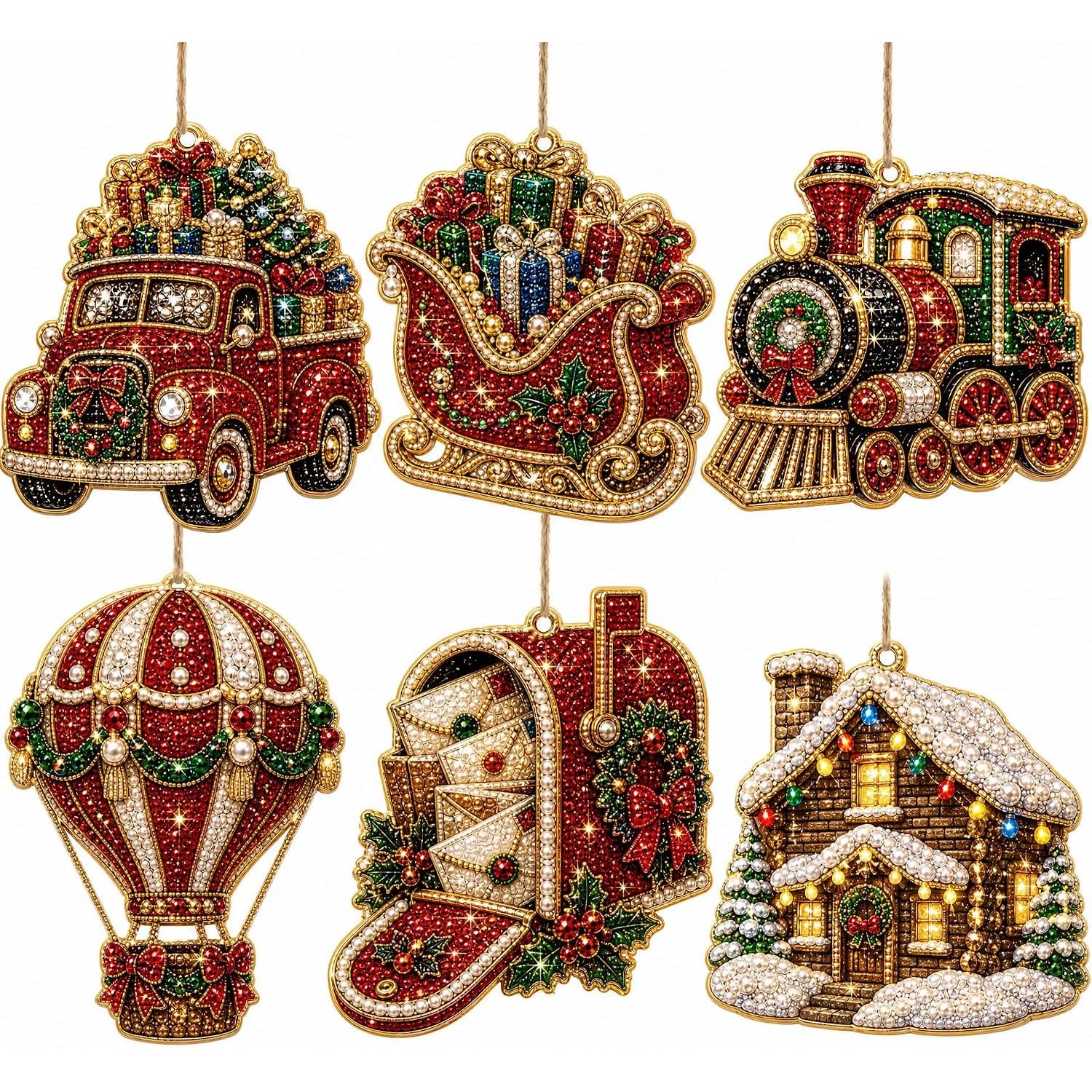 TEMU 2d Flat Decoration Pendant, Diamond Painting Christmas Acrylic Ornament Set (6pcs) - 3.15" | Special Shaped Gemstone And Pearl Hanging With ,