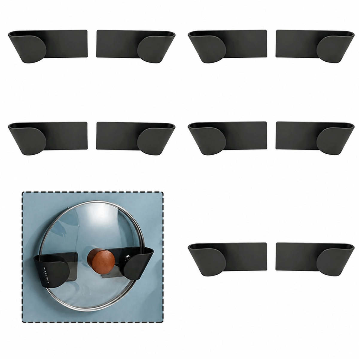 Image of 5 Pairs Wall-mounted Adhesive Storage Organizer Rack With Strong Self-adhesive Backing For Kitchen - No Drilling Required, Pot Lid Holder Stand (black)