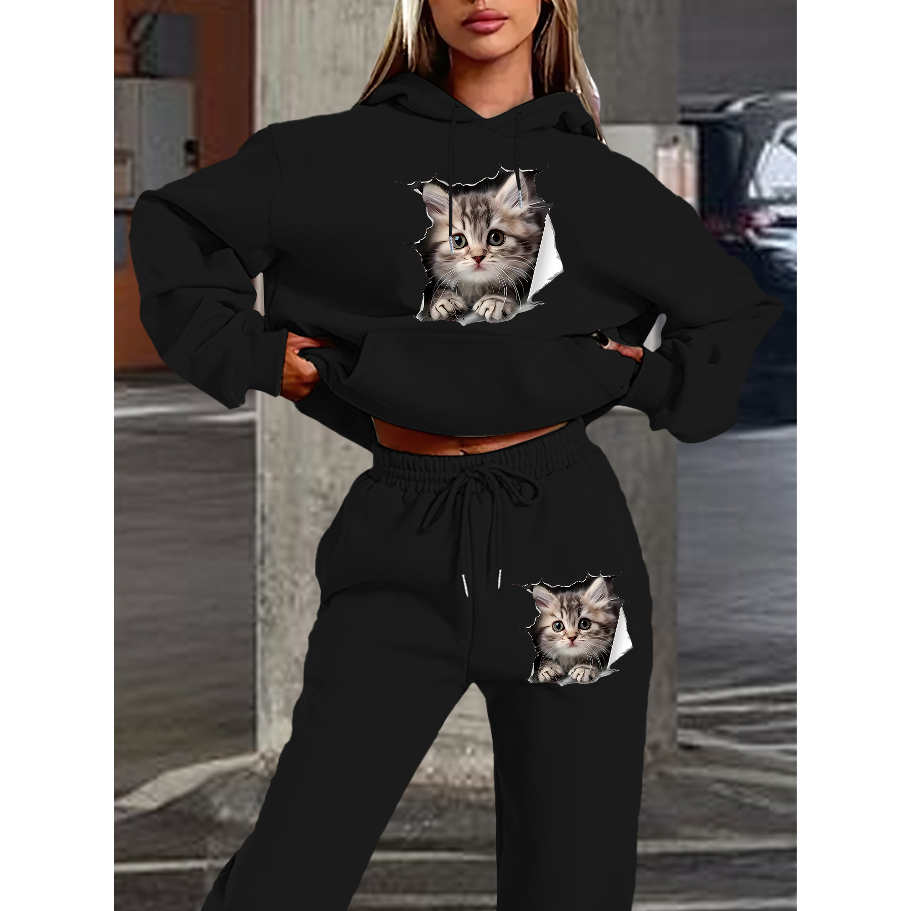 

Winter Ready, Women's Casual Hoodie & Jogger Set - Cozy Polyester, Letter Print With Pockets, Machine Washable - Fall/winter