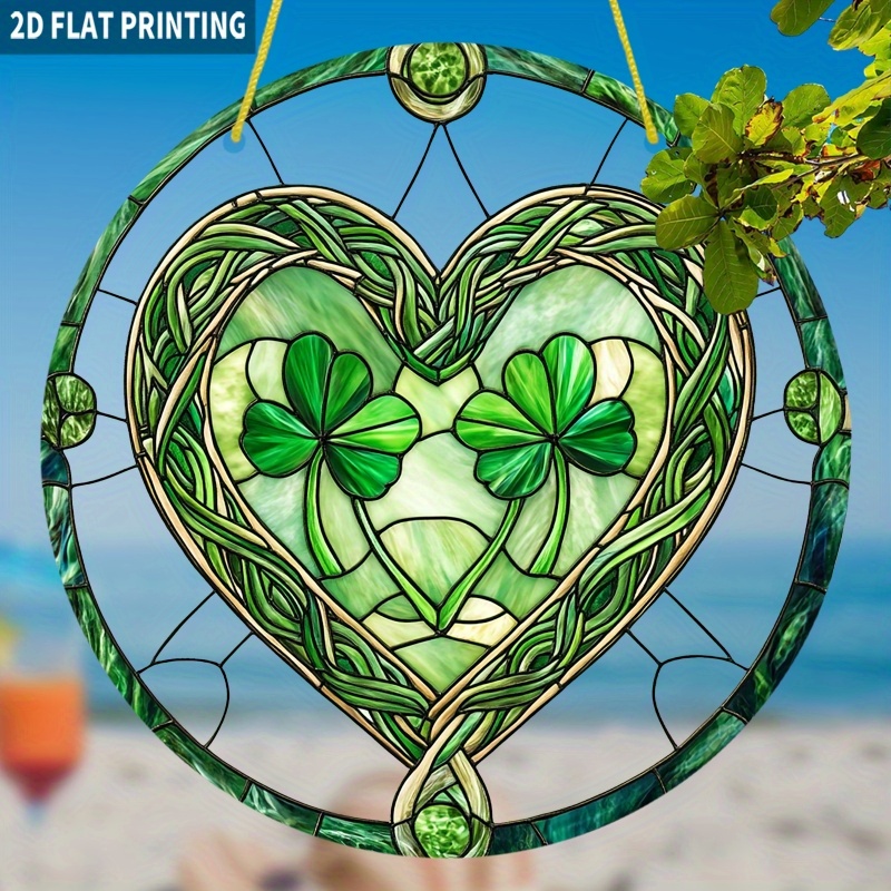 TEMU 2d Flat, 2d Flat 1pc, Celtic Knot Clover Heart Sun Catcher, 7.87x 7.87inch Round Acrylic Sign, Colorful Window Hanging Decoration, Green For 's