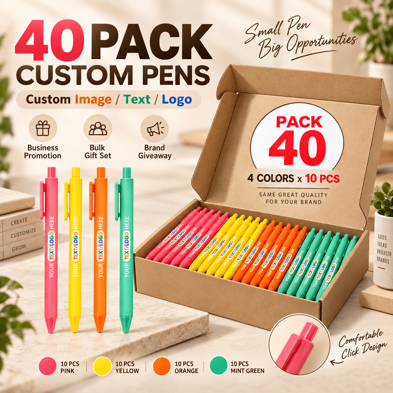 TEMU 40-pack Custom Retractable Ballpoint Pens, Personalized With Images, Text Or Logos, 4 Colors With 10 Pens Each, Boxed Office Stationery For