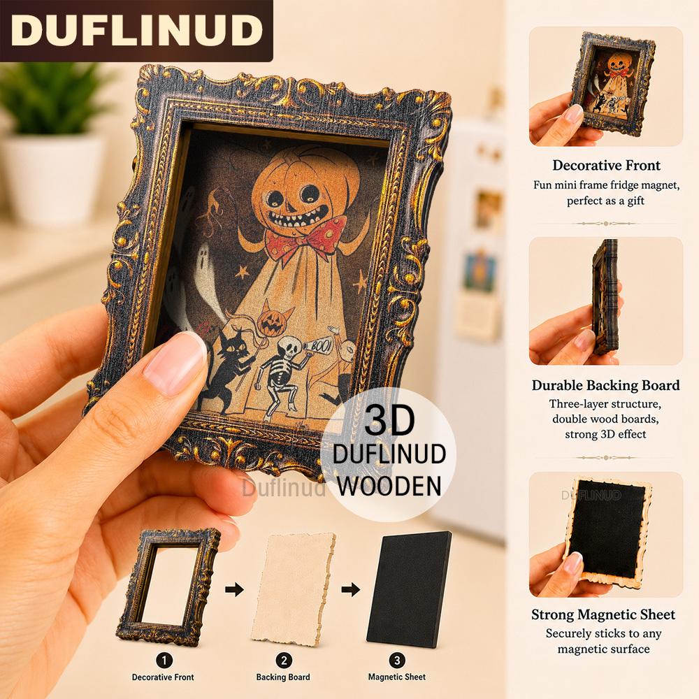 TEMU 1pc 3d Wooden Double-layer Halloween Themed Refrigerator Magnet, Mini, Featuring A Tiny Pumpkin Monster And Cute Design, Golden-framed Vintage