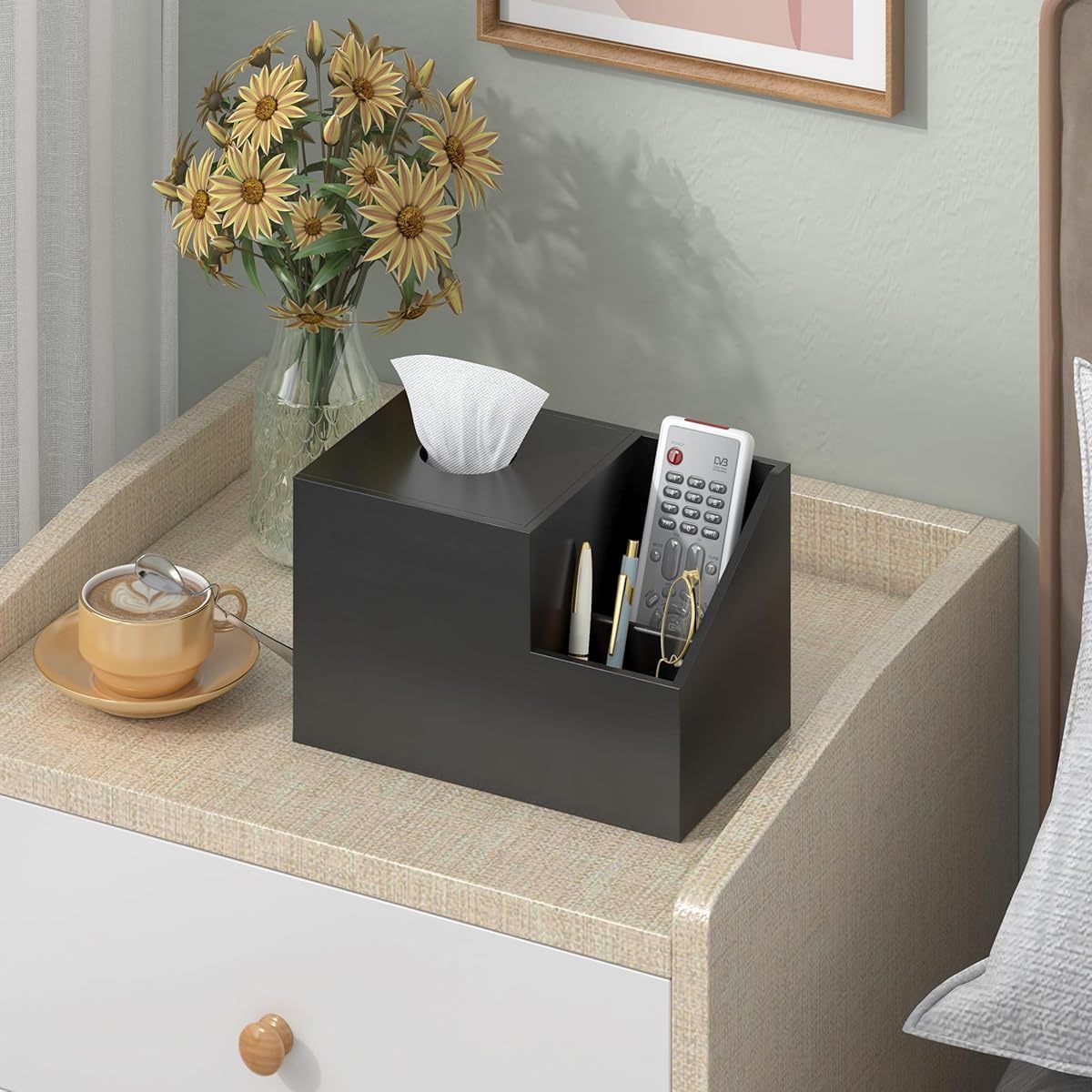 tissue box cover holder bamboo square multifunction nightstand organizer tissue storage box for bedroom bathroom office compartments hold ipad phones remote controls black Product details 1