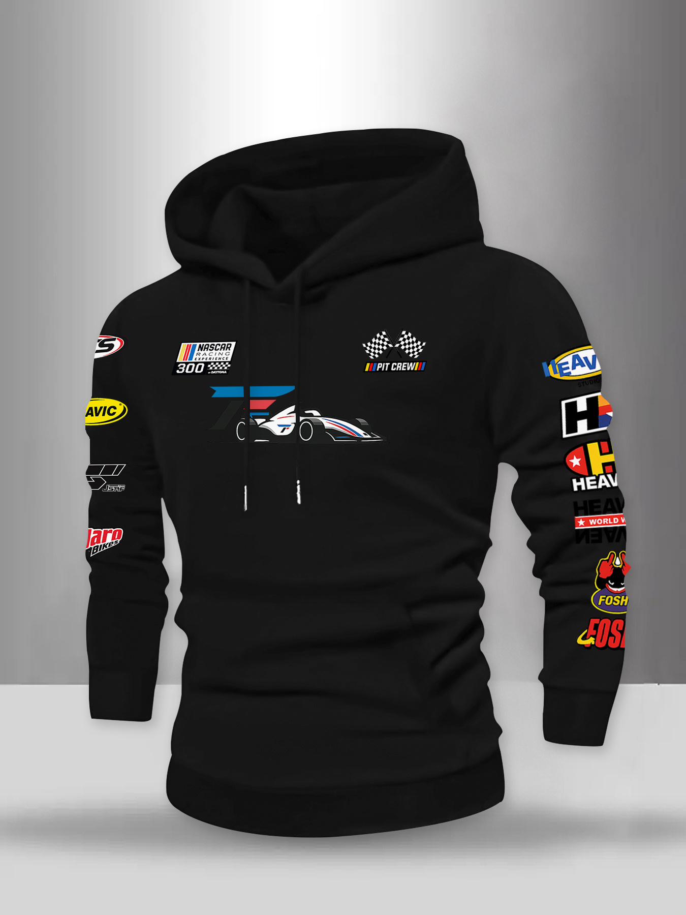 Nieuw, veelkleurig sweatshirt met race-thema en trendy patroon voor heren