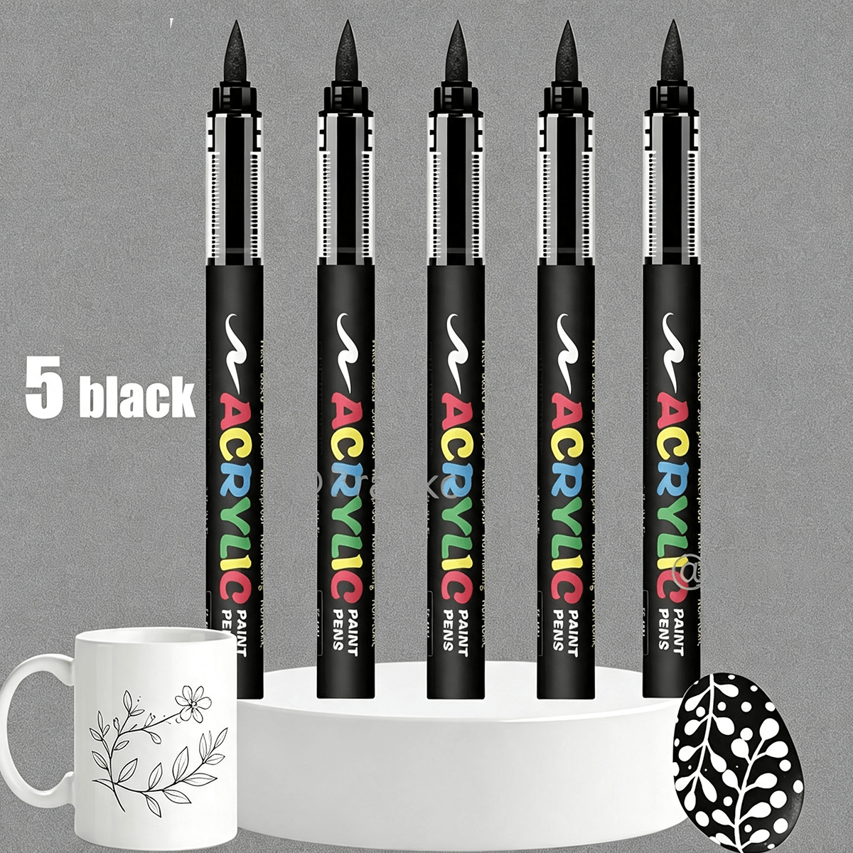 TEMU FLYSEA 5 rotuladores de pintura acrílica y negro, punta y flexible para un flujo de tinta liso, marcadores permanentes de opacidad para roca,