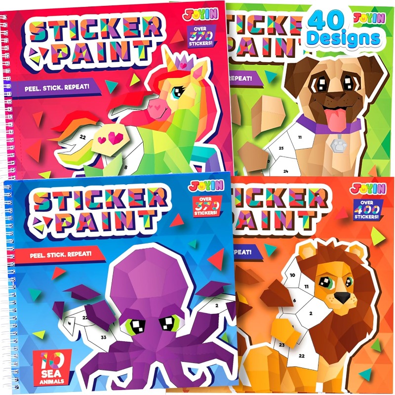 TEMU 4-pack Crafts For Kids Sticker Paint Book Gift Party Favor - Paint By Stickers Numbers For Kids Traveling - Unicorn Dog Sea Animals, Multi-item