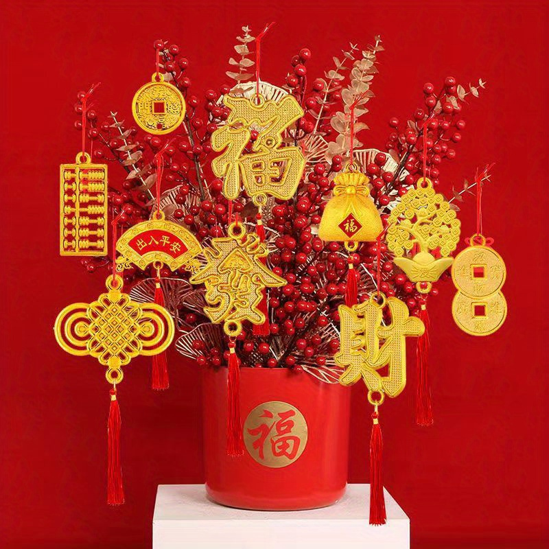 

20pcs Chinese New Year Decor Set - Vibrant Red & Golden Fu Character & Knot Pendants, Plastic, No Power Required - Ideal For Home, Car, Party & , Decorations For Home