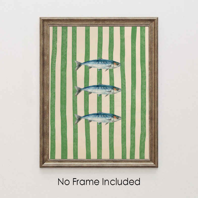 

Chic Green Watercolor Sardine Print - Retro Seafood Wall Art With Striped Lines, Kitchen & Bedroom Decor,