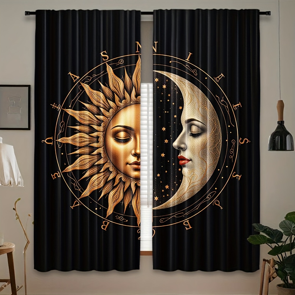 TEMU 2d Flat, 2pcs Of 2d Flat Print, Elegant Bohemian Sun And Moon Pattern Curtains, Lightweight Filter Polyester, Rod , Suitable For Bedroom, Living