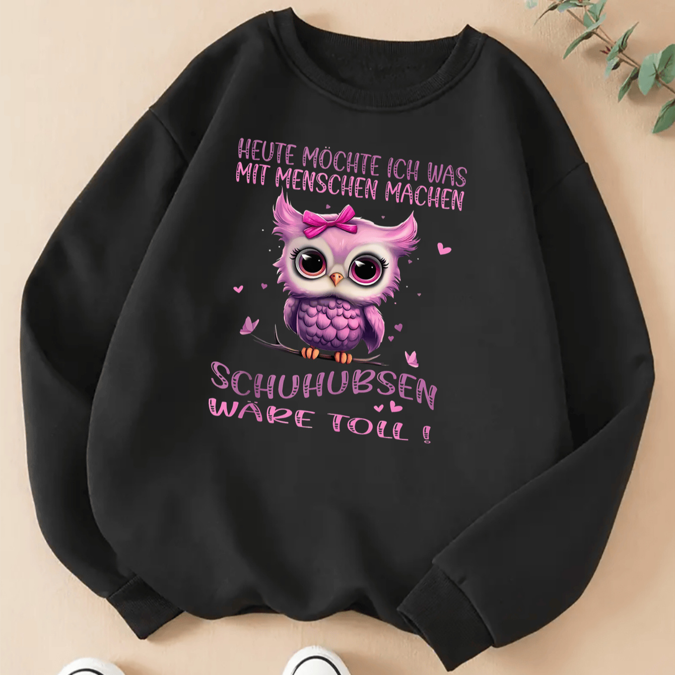 

Women' Owl Print Letter Crew Neck Sweatshirt, Soft Polyester, Machine Washable, Solid Color, Knit Fabric, For