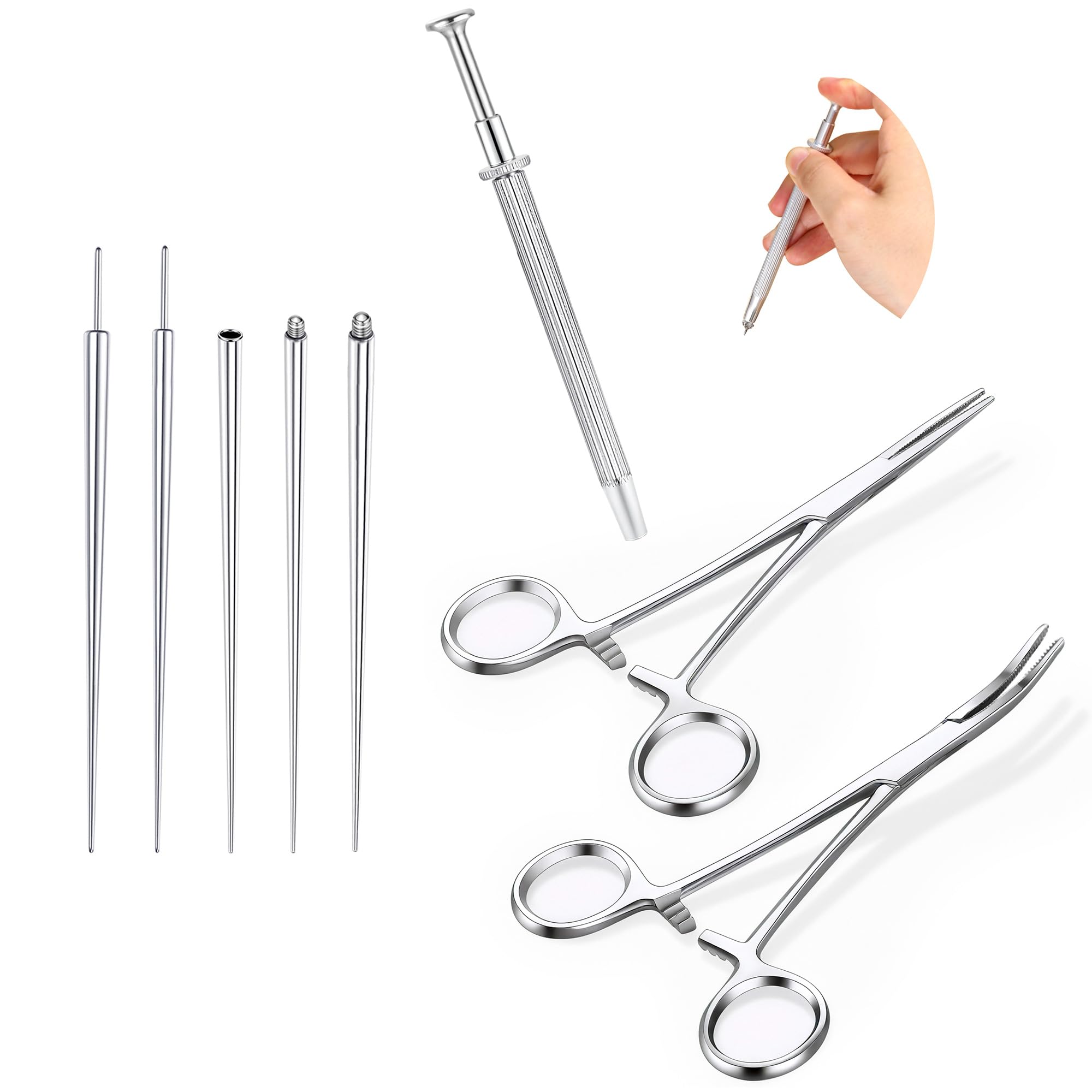 Image of Piercing Taper Pliers Ball Grabber Tool For Changing Jewellery - Curved And Straight Forceps Stainless Steel 14g 16g 18g Flat Back Earrings Insertion Tool Body Piercing Kit For Ear Nose Lip