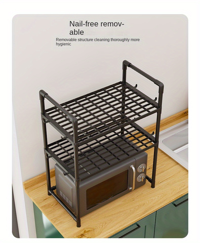 1  functional expandable microwave stand heavy duty 3 tier adjustable   with 8 hooks space saving kitchen organizer for   room types no electricity needed tiered shelf storage solution black details 3