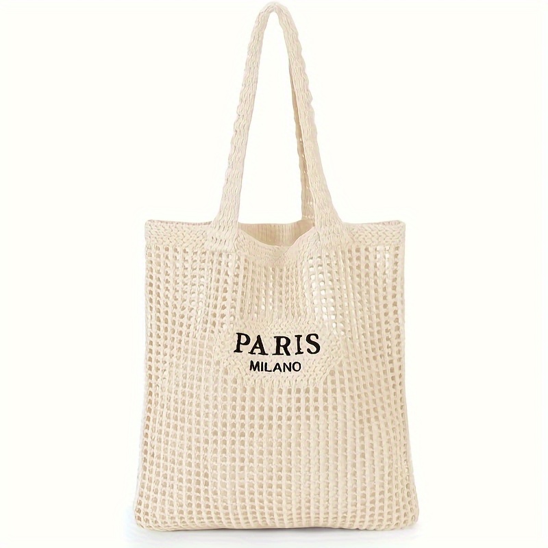 TEMU Bolso Tote de Punto para Mujer - Bolso de con Abertura de de París, Bolso de Playa y Viaje Transpirable, Tejido Lavable a , Accesorio de Compras