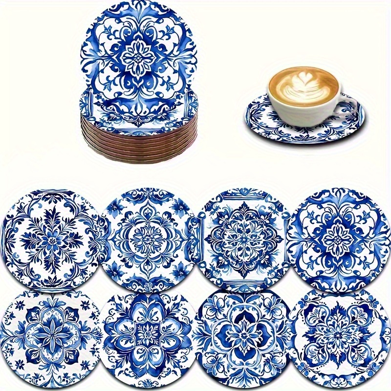 TEMU 8 sous-verres imprimés avec méditerranéens et porcelaine, ensemble de sous-verres en bois, sous-verres pour voiture, coussinets pour tasses à